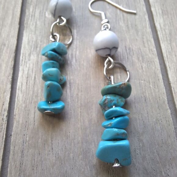 Blue and White Turquoise Silver Dangle Earrings Boho Gifts Jewelry Hippie Artsy - Picture 2 of 4